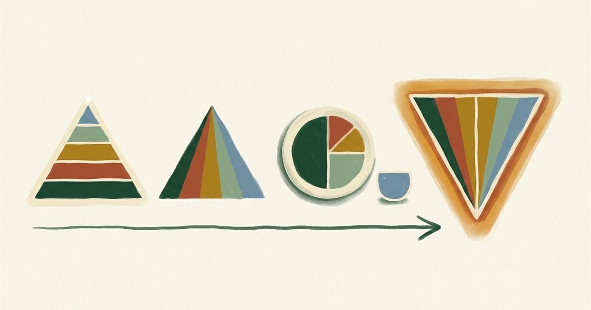 Illustrated evolution of American food guides: a banded pyramid, a striped pyramid, a divided plate, and finally the new inverted pyramid
