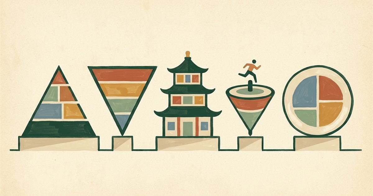 Five national food-guide shapes side by side: a pyramid, an inverted triangle, a tiered pagoda, a spinning top with a running figure, and a divided plate